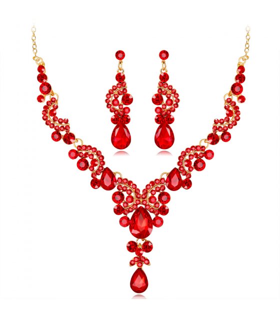 SET637 - Red Gemstone Drop Necklace Set